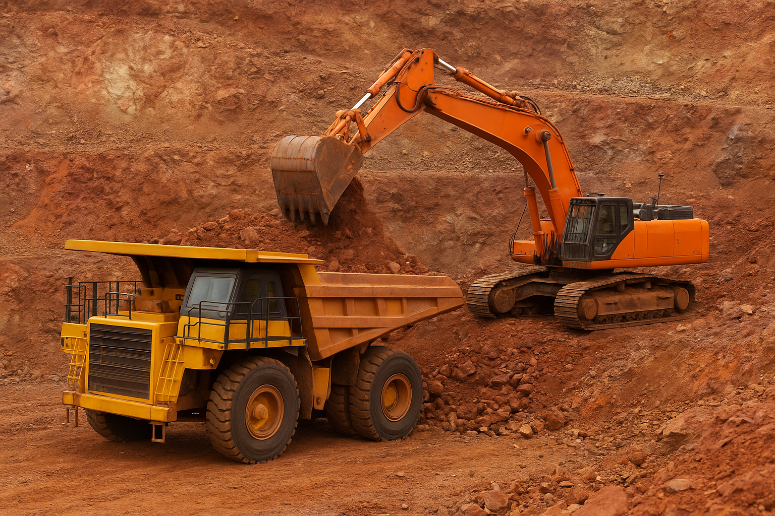Excavator loading copper ore into a large yellow dump truck inside an open-pit mine with reddish-brown earth layers.