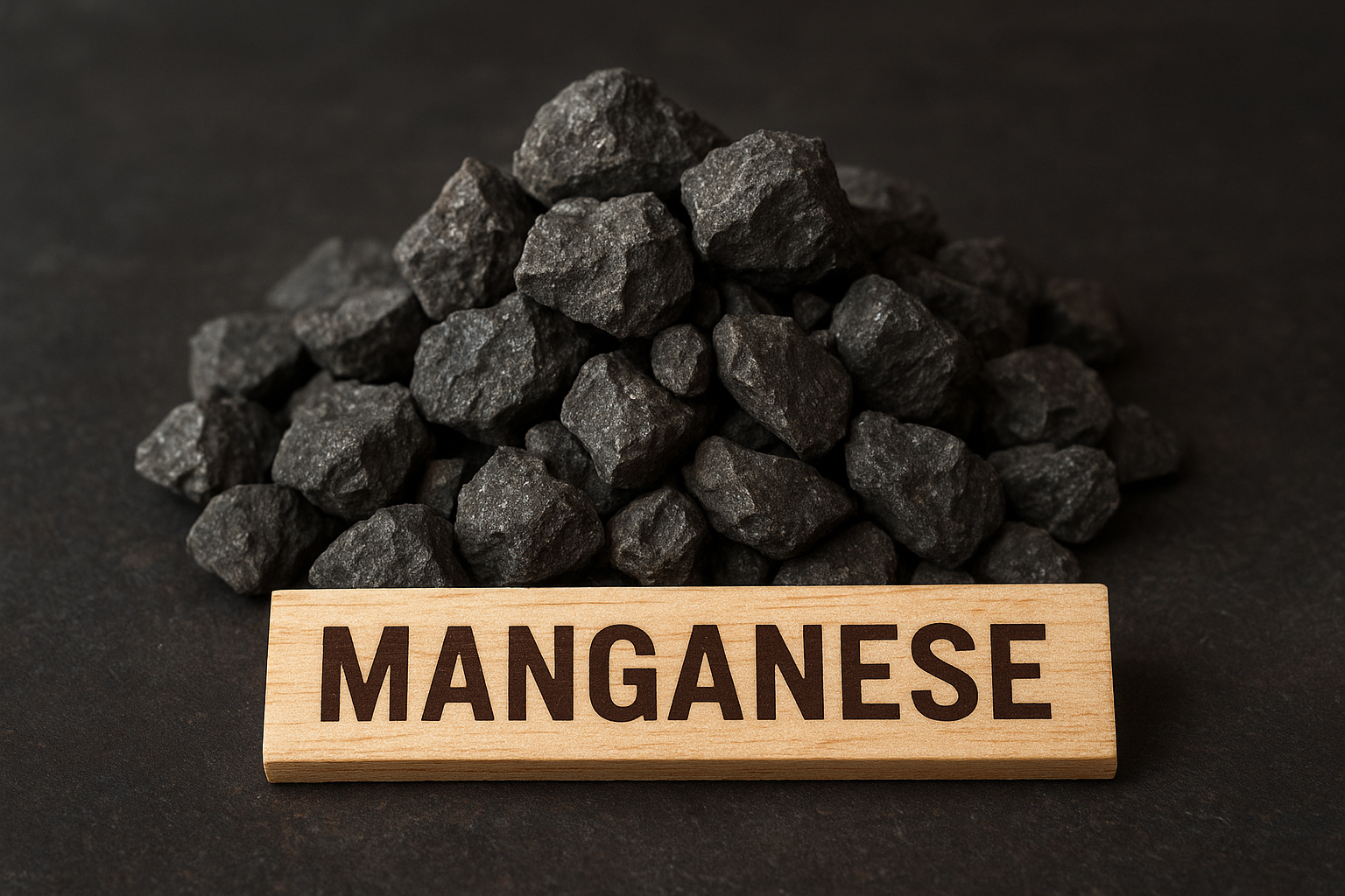 Close-up of rough black manganese ore pieces stacked on a dark surface, symbolizing the raw material used in steel and battery production.