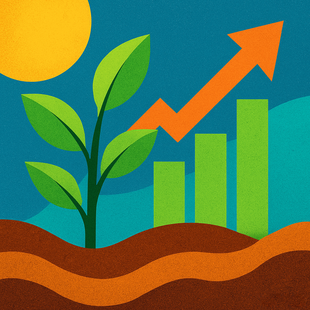 A rectangular symbolic illustration showing abstract green growth patterns rising from earthy mineral textures, with vibrant contrasting colors suggesting agriculture, minerals, and market momentum.