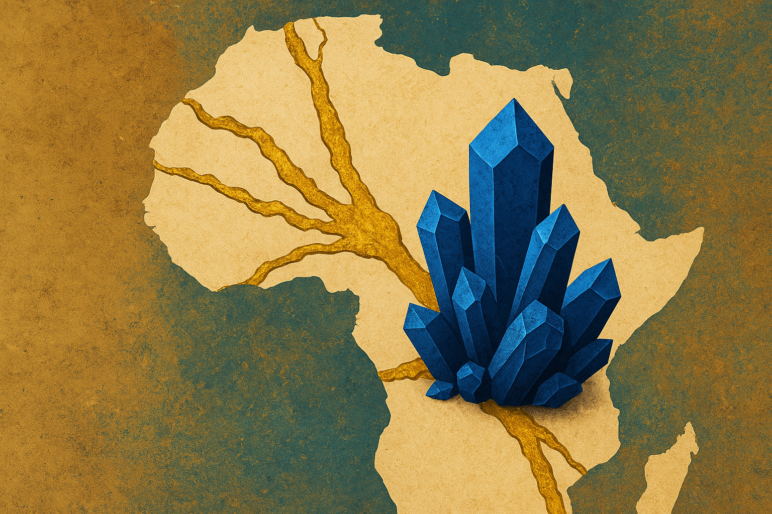A symbolic illustration of golden mineral veins intersecting with cobalt-blue crystal formations over a stylized map of West Africa.