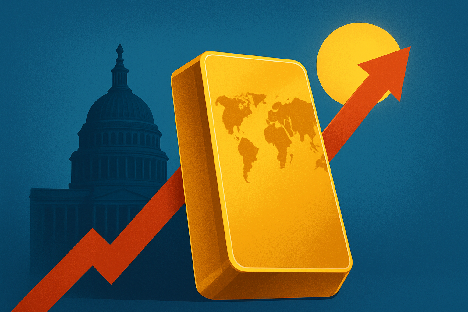 Illustration of a gold bar with a world map engraving, a rising arrow, and the U.S. Capitol dome in the background.