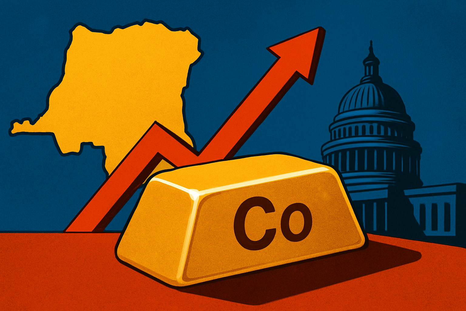 Illustration of a cobalt ingot with an upward arrow, a map of the Democratic Republic of Congo, and a domed government building in the background.