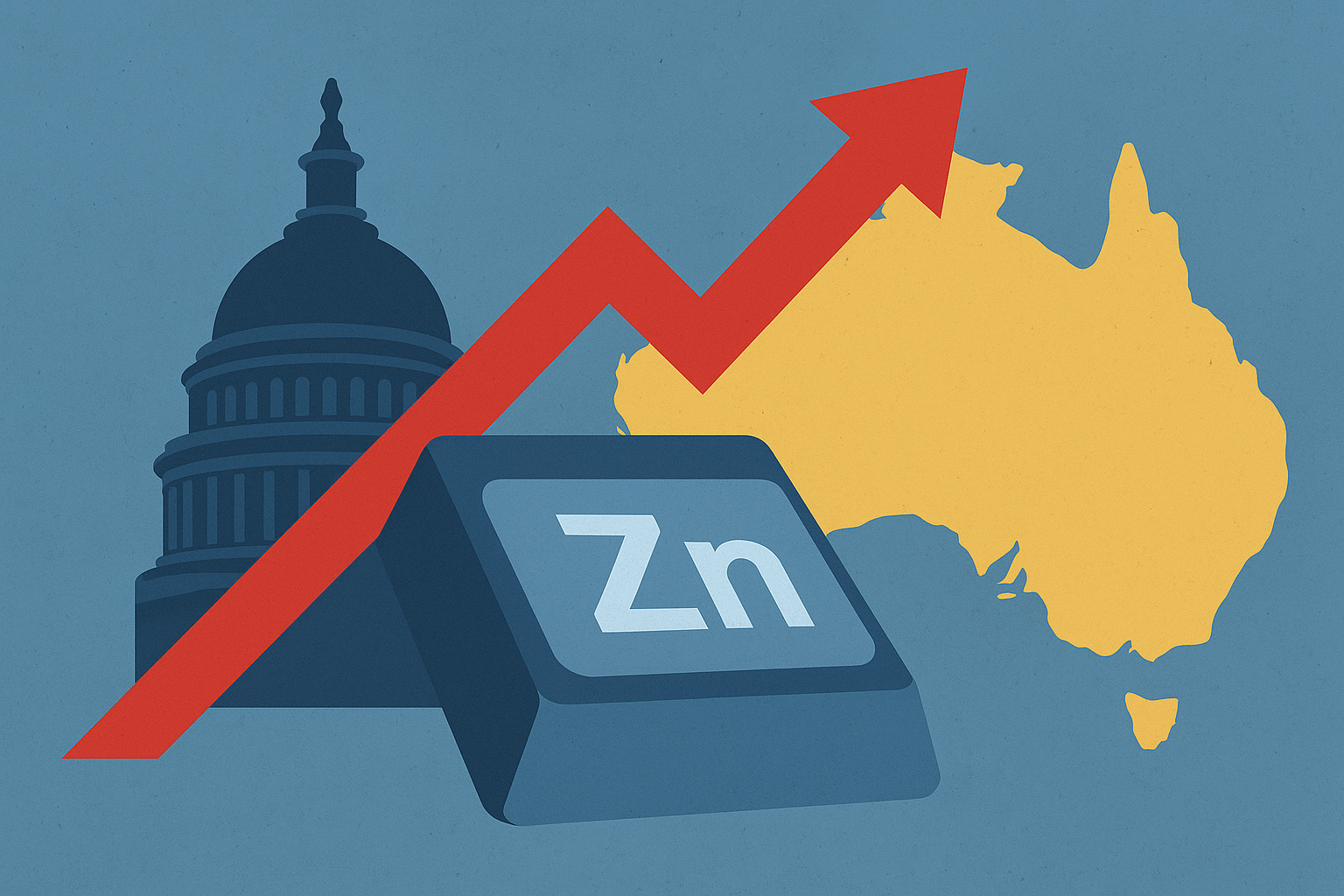 A symbolic digital illustration showing U.S. and Australian cooperation in critical minerals supply, with abstract mineral icons and geopolitical trade symbols.