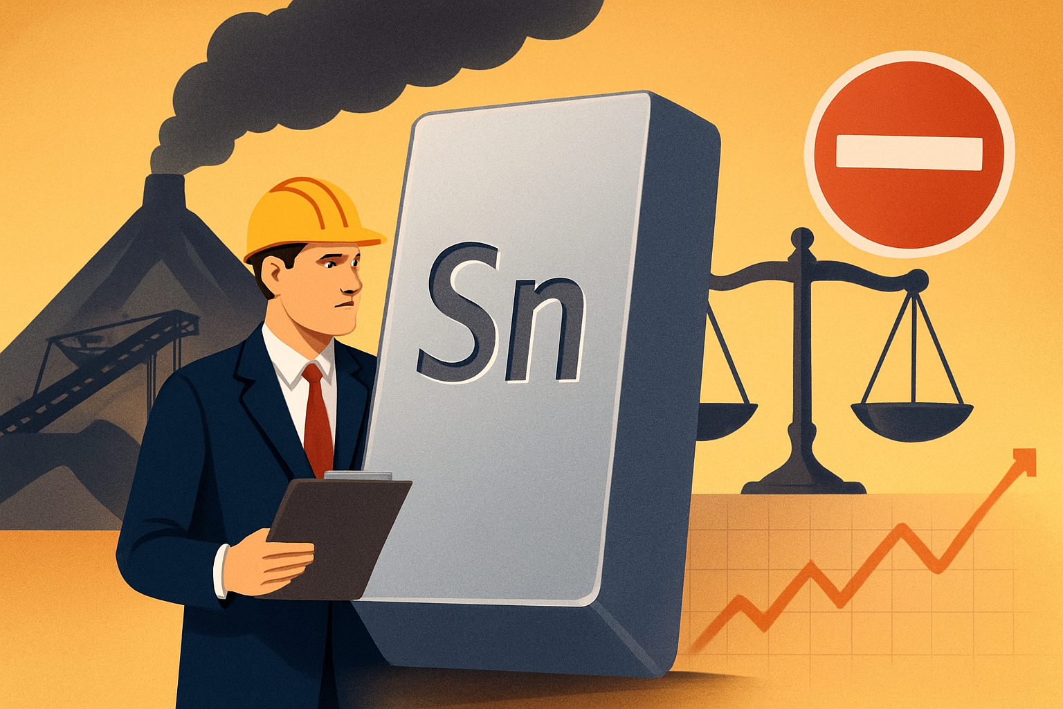 Illustration of a tin ingot labeled "Sn" with a mining backdrop, a worker in a hard hat holding a clipboard, regulatory scales, and a prohibition sign symbolizing Indonesia’s crackdown on illegal tin mining.