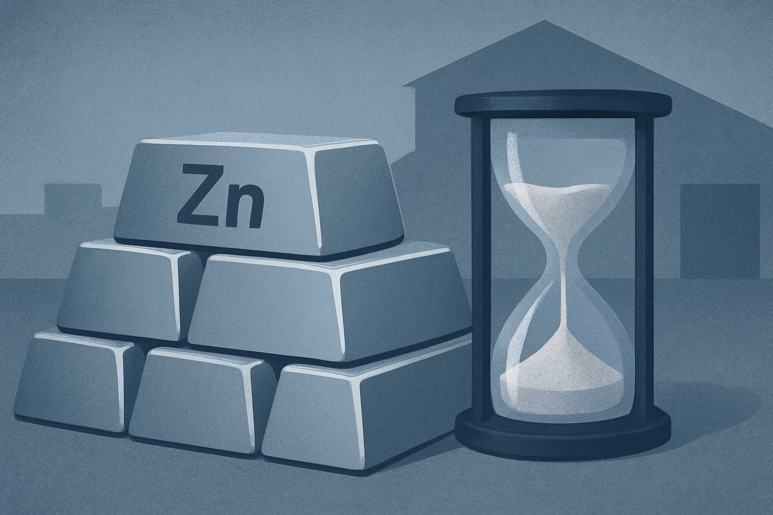Illustrated stacks of metallic zinc ingots with an hourglass beside them, the sand nearly running out, symbolizing dwindling LME inventories.