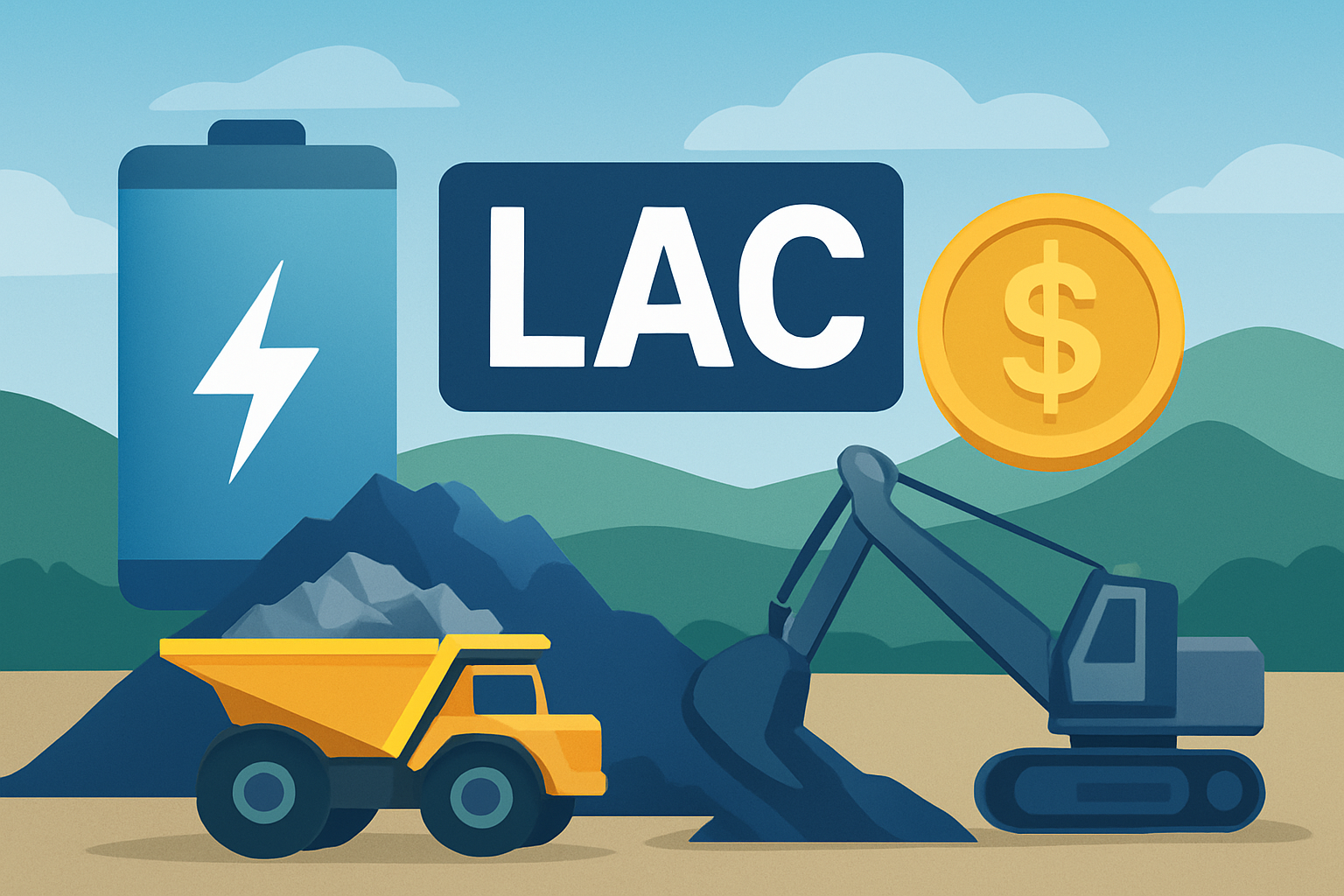Flat-style illustration showing a lithium battery, mining truck, excavator, dollar coin, and "LAC" symbol, representing Lithium Americas and U.S. investment in lithium.
