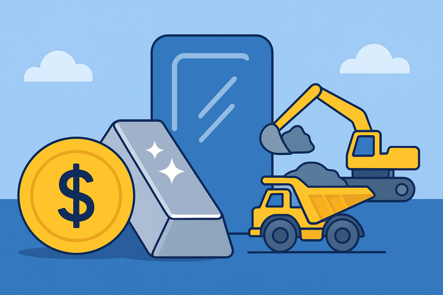 Flat-style illustration showing a silver coin, mining shafts, and a balancing scale with cash on one side and diluted shares on the other, symbolizing equity financing in the silver sector.