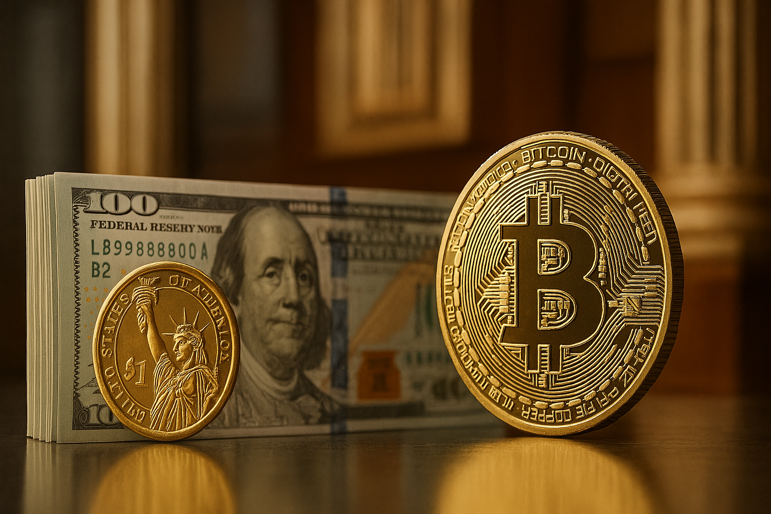 A Bitcoin coin beside U.S. dollar bills and a gold dollar coin, symbolizing the integration of traditional finance and blockchain technology.