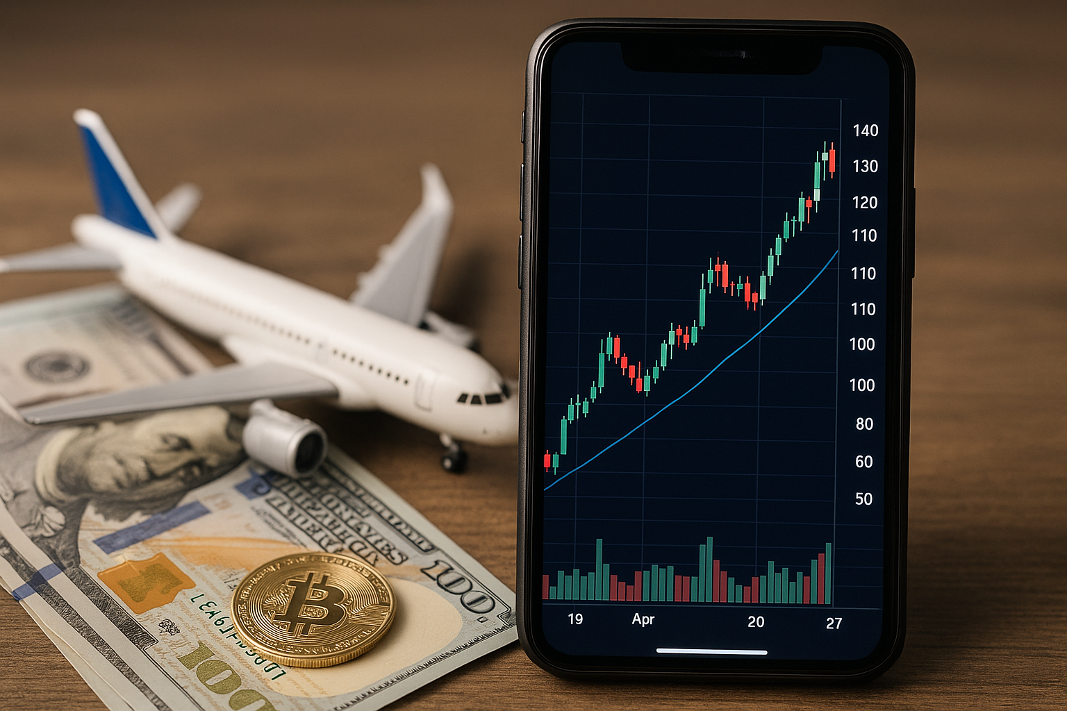 A smartphone displaying a rising stock chart beside a small airplane model and U.S. dollar bills, symbolizing growth in the travel-tech and IPO markets.