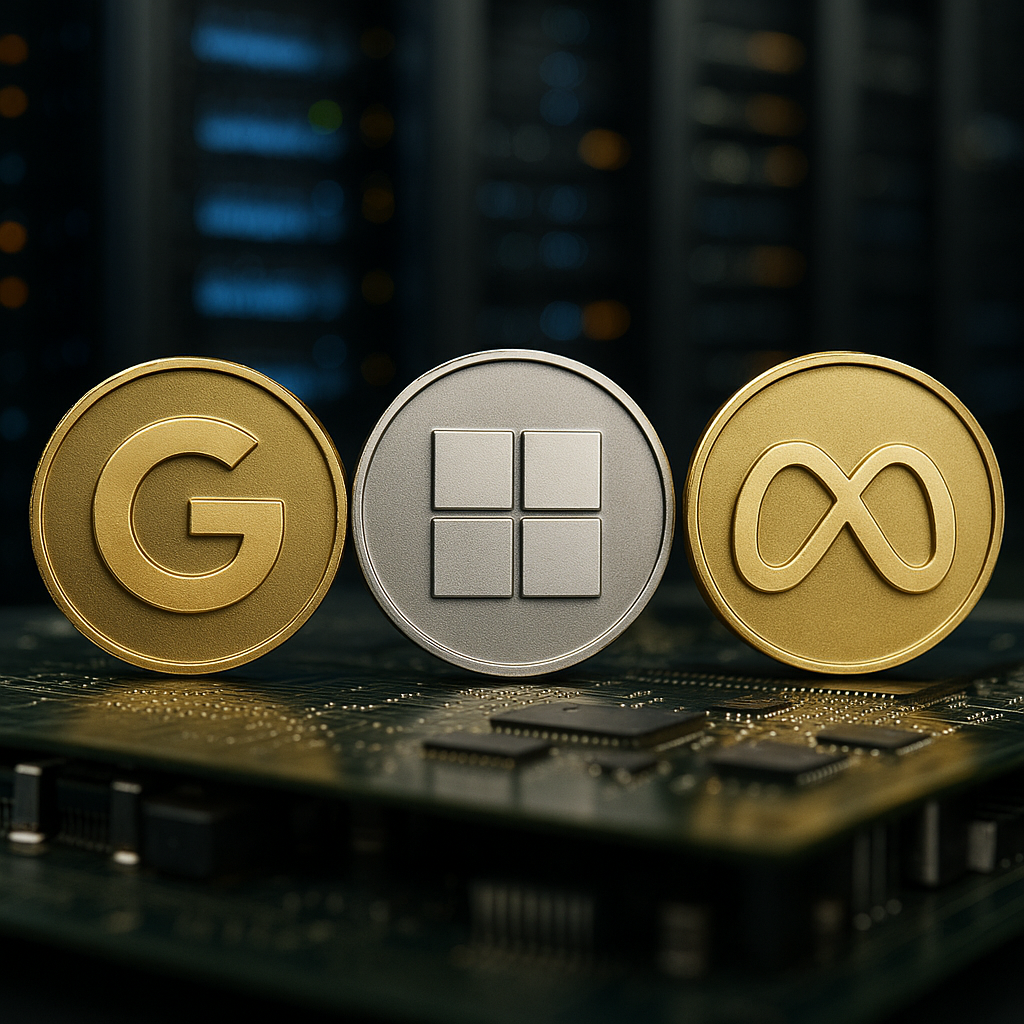 Metallic tokens representing Google, Microsoft, and Meta placed on a circuit board with blurred data servers glowing in the background.