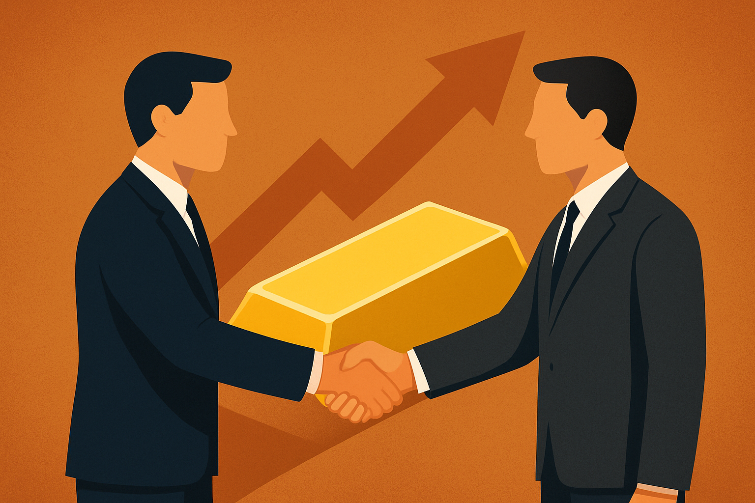 Two business professionals shaking hands in front of a large gold bar with an upward arrow in the background, symbolizing growth and partnership in the gold mining industry.