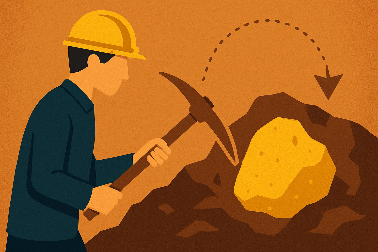 Illustration of a miner uncovering a gold deposit in rocky terrain, symbolizing a new gold discovery.