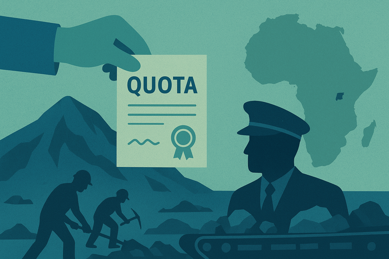 Illustration of a cobalt mine overseen by a government figure holding a quota sheet, symbolizing export restrictions and regulatory control in the Democratic Republic of the Congo.