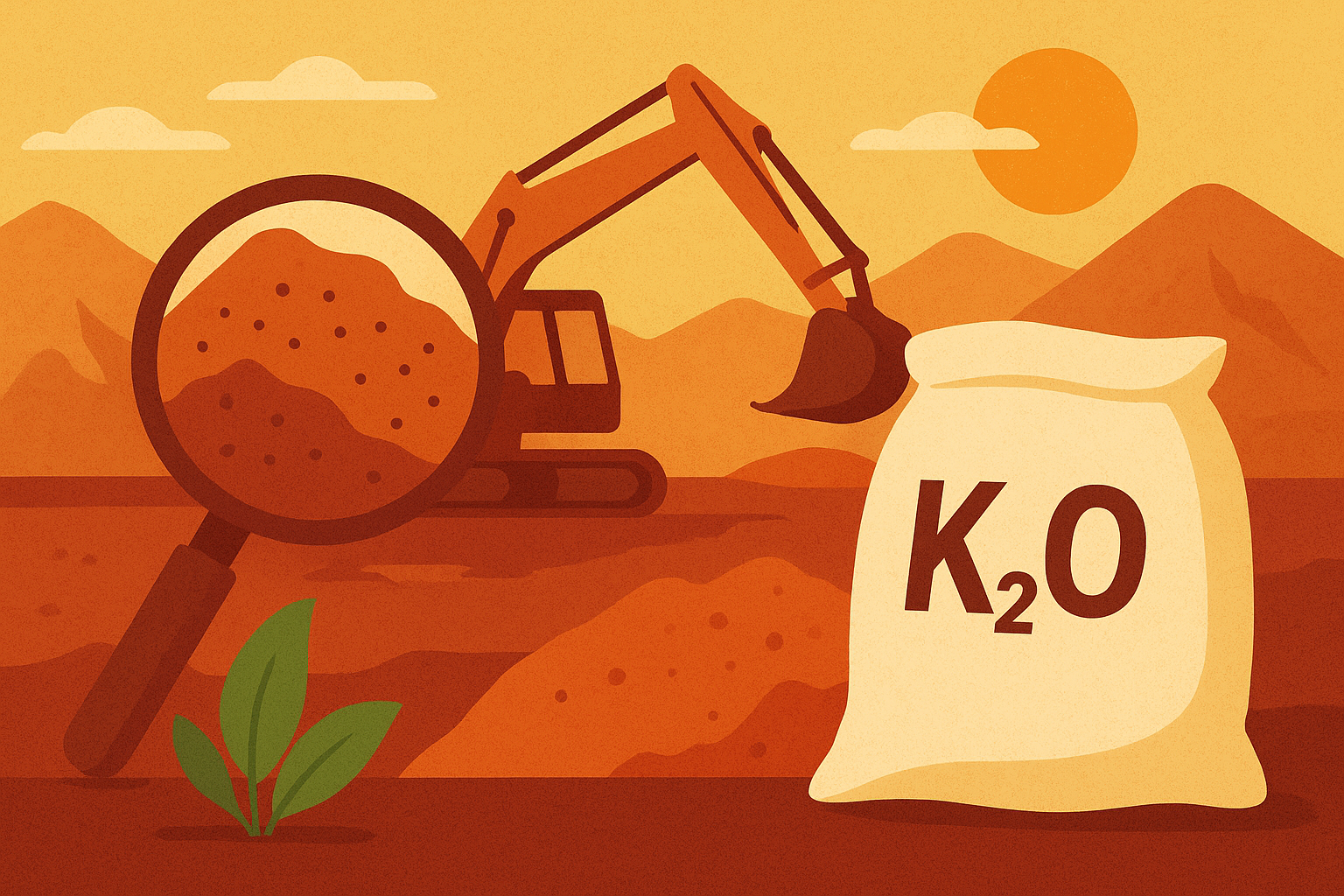 Illustration of potash exploration showing an excavator, magnifying glass examining soil, and a large K₂O sack in a desert landscape with hills and sunlight.