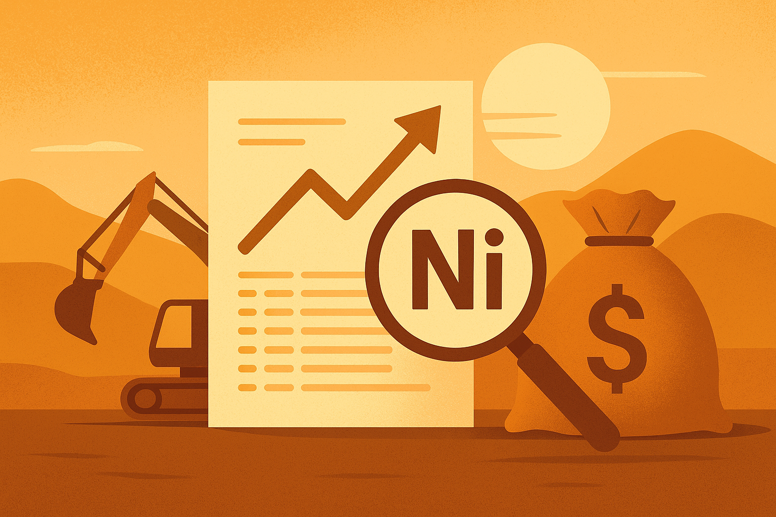 Illustration showing a magnifying glass highlighting the “Ni” symbol beside a financial chart, excavator, and money bag under a setting sun in warm earthy tones.