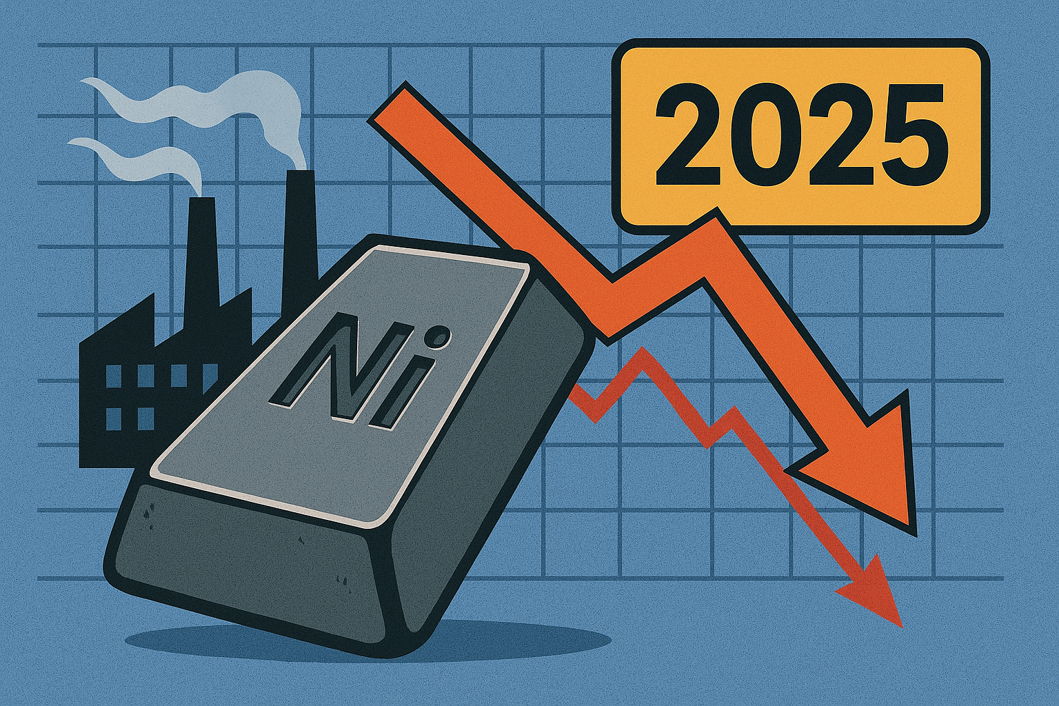 Illustration showing a nickel ingot with a red downward arrow and factory backdrop, symbolizing the projected nickel surplus in 2025.