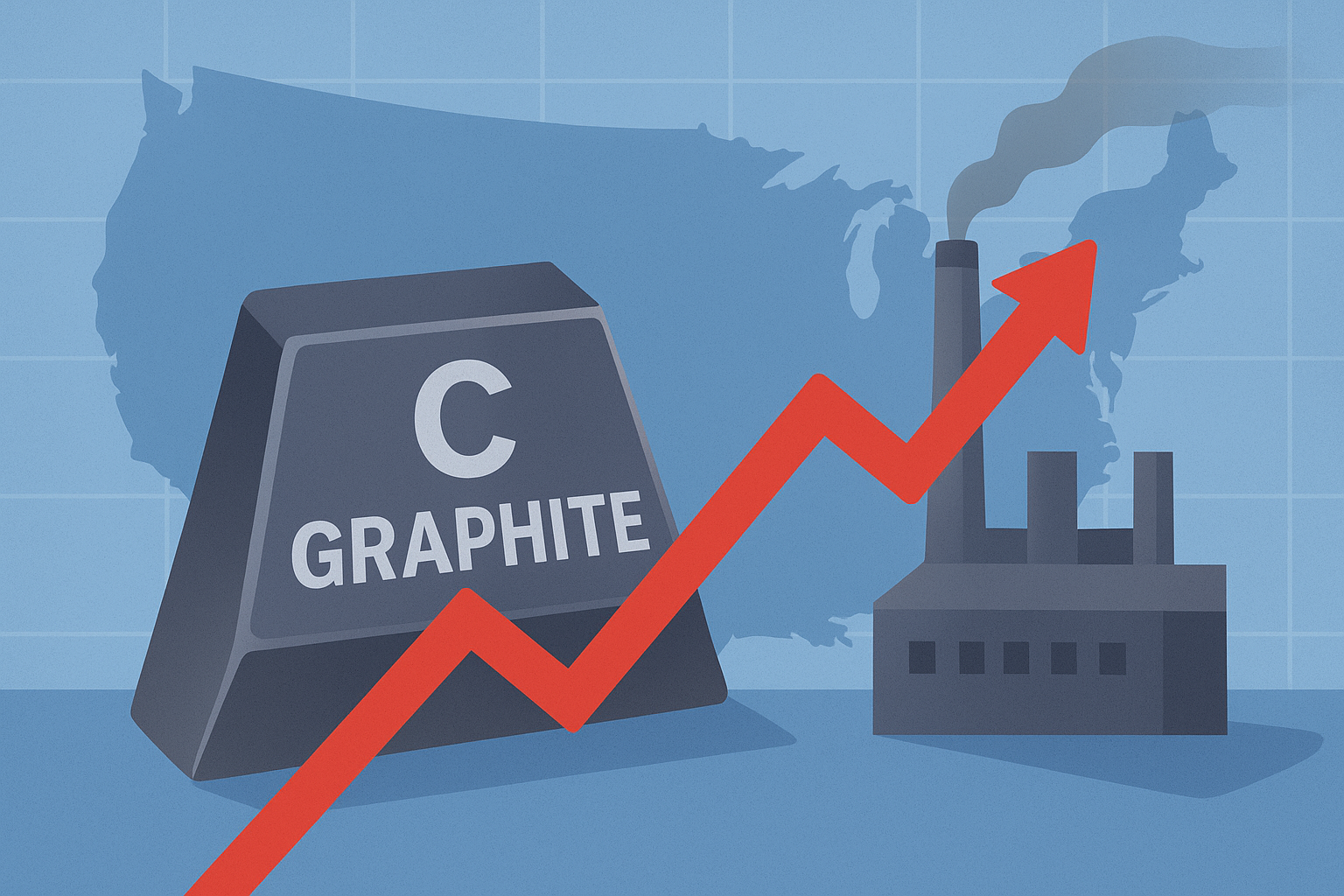 Illustration showing a graphite block, a red upward arrow, and an industrial plant over a map of the United States, symbolizing growth in domestic graphite production.