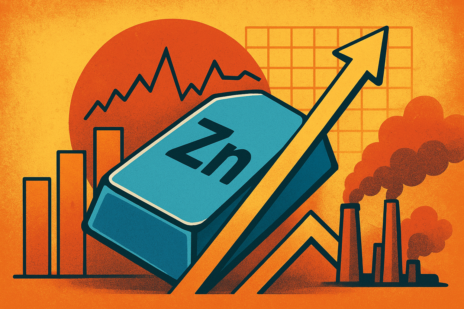 Illustration of a zinc ingot with an upward arrow, industrial smokestacks, and market charts symbolizing rising zinc prices due to tight inventories and smelter bottlenecks.