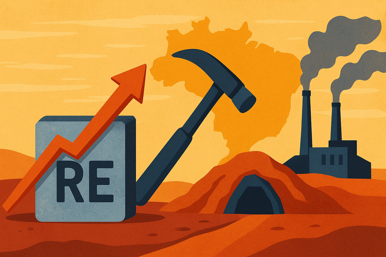 Illustration depicting Brazil’s rare earth mining sector with a metallic “RE” block, a rising arrow, a geologist’s hammer, and an industrial plant emitting smoke, set against a map of Brazil.