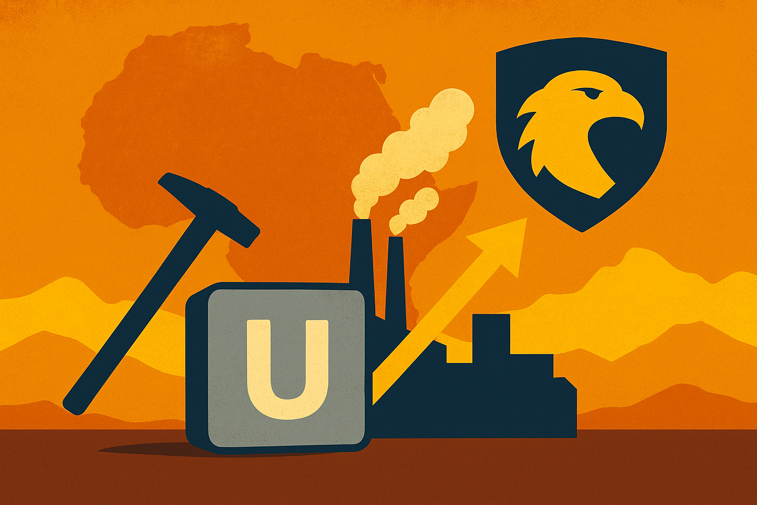 Illustration showing two mining companies merging symbolically into a soaring eagle made of metallic and geological textures, representing the formation of Atomic Eagle.