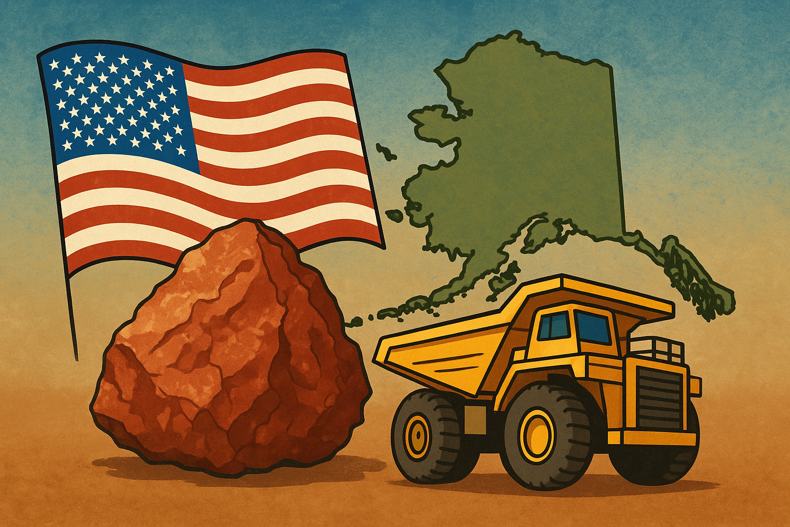 An illustration showing a large copper ore, a yellow mining truck, the U.S. flag, and a green outline map of Alaska against a textured background, symbolizing America’s support for Alaskan copper mining.