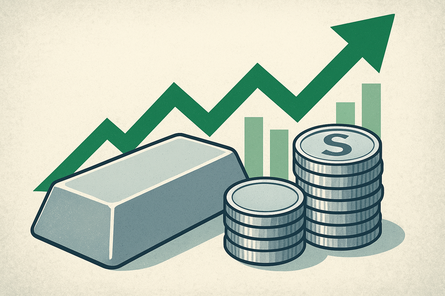 A digital illustration showing a silver bar, stacked silver coins, and a green upward trend line, representing the surge in silver prices and investor optimism.