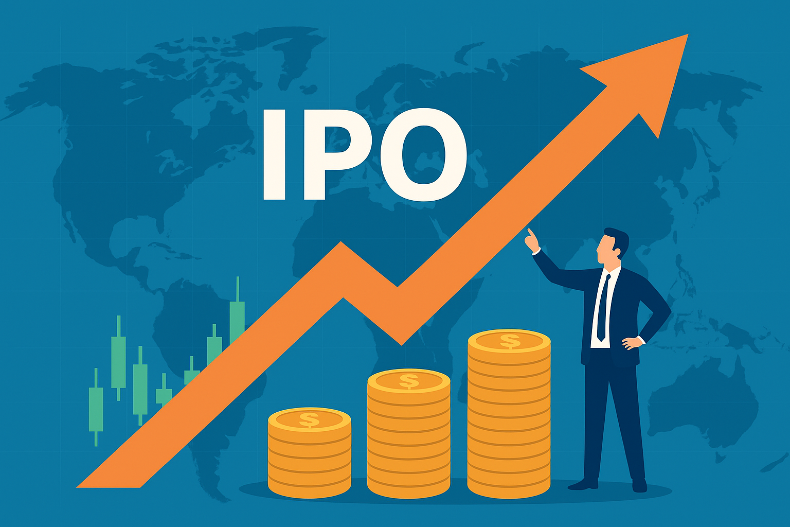 Illustration of a businessman pointing toward a rising orange arrow symbolizing IPO growth, with stacks of coins and a world map in the background.