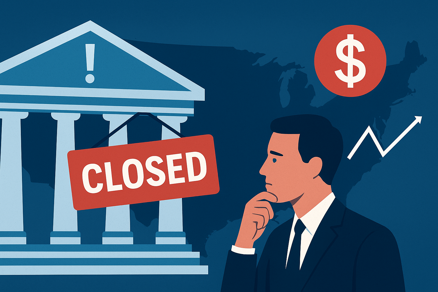 Illustration showing a man in a suit pondering near a government building with a “Closed” sign, a U.S. map in the background, and financial symbols representing economic uncertainty.