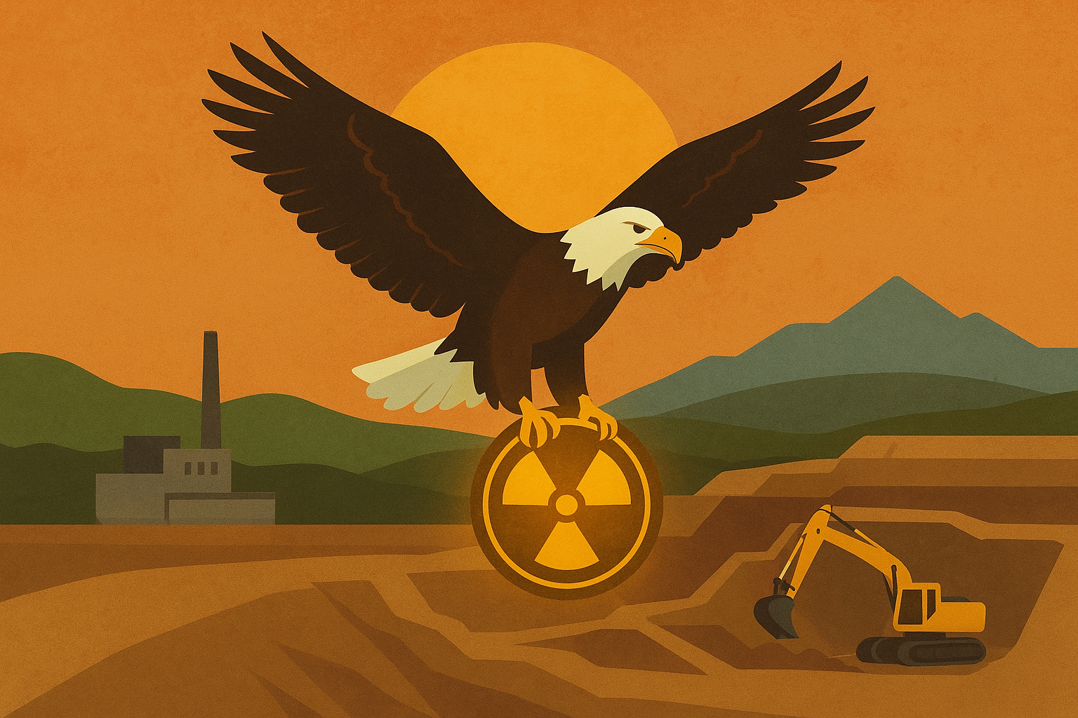 Illustrated representation of uranium remediation in the American Southwest, showing symbolic machinery restoring mine sites under NRC oversight.