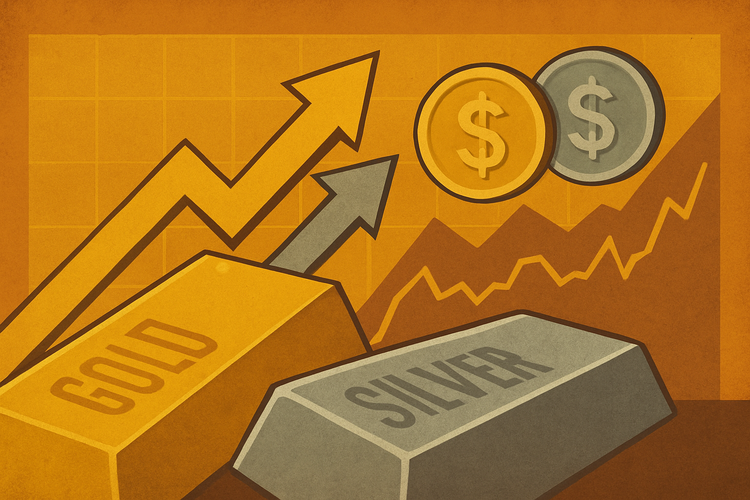Illustration of gold and silver bars with upward-trending arrows and coins, symbolizing rising precious metal prices and market momentum.