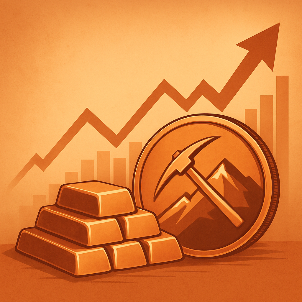 Illustration of copper bars and a symbolic copper coin with an upward financial chart in the background.