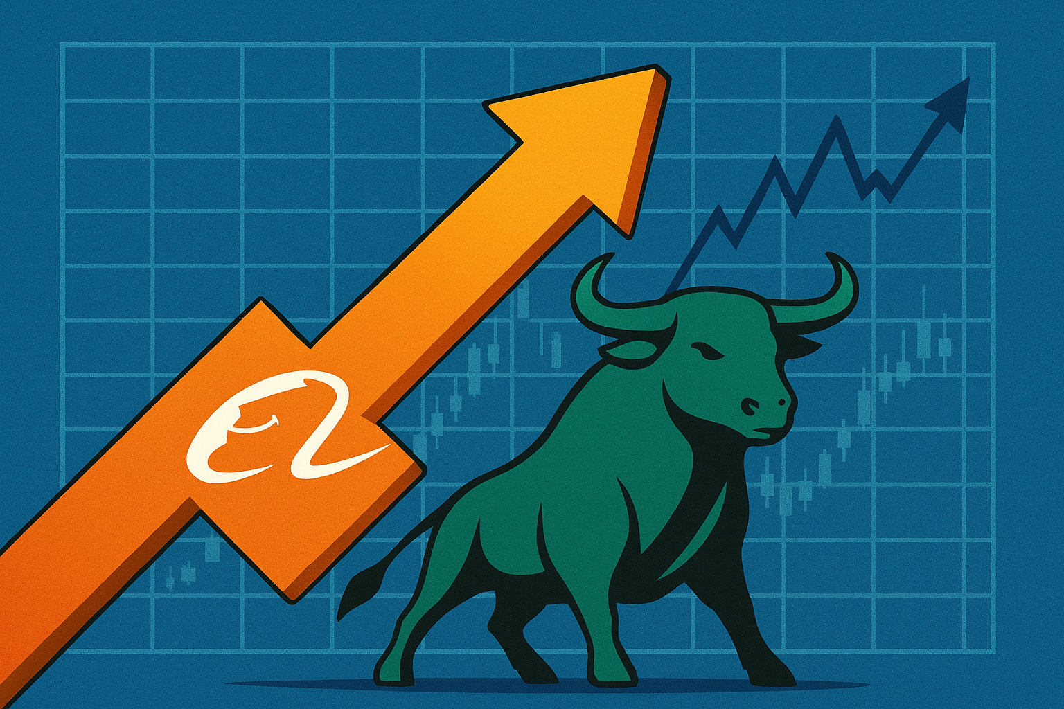 Chatgpt image sep 1, 2025, 07 23 Illustration of a bullish green bull with an upward orange arrow representing Alibaba's stock surge against a financial chart background.33 pm