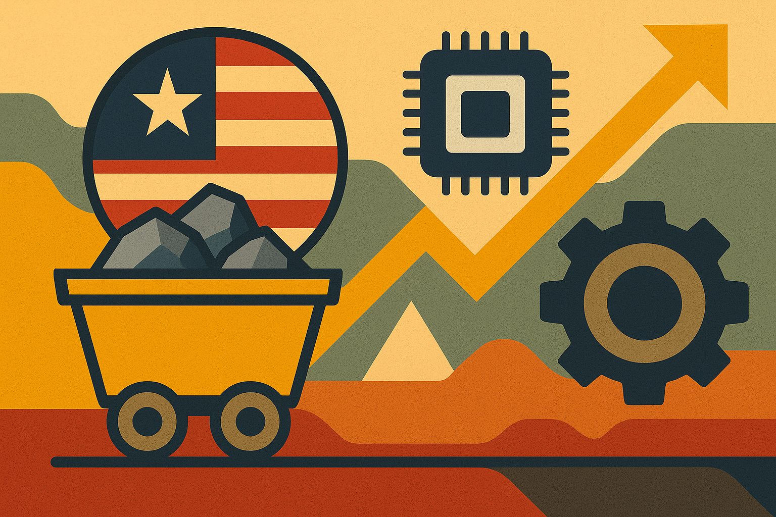 Abstract digital illustration showing interconnected gears, mineral fragments, and glowing nodes symbolizing critical mineral recovery and U.S. resource independence.