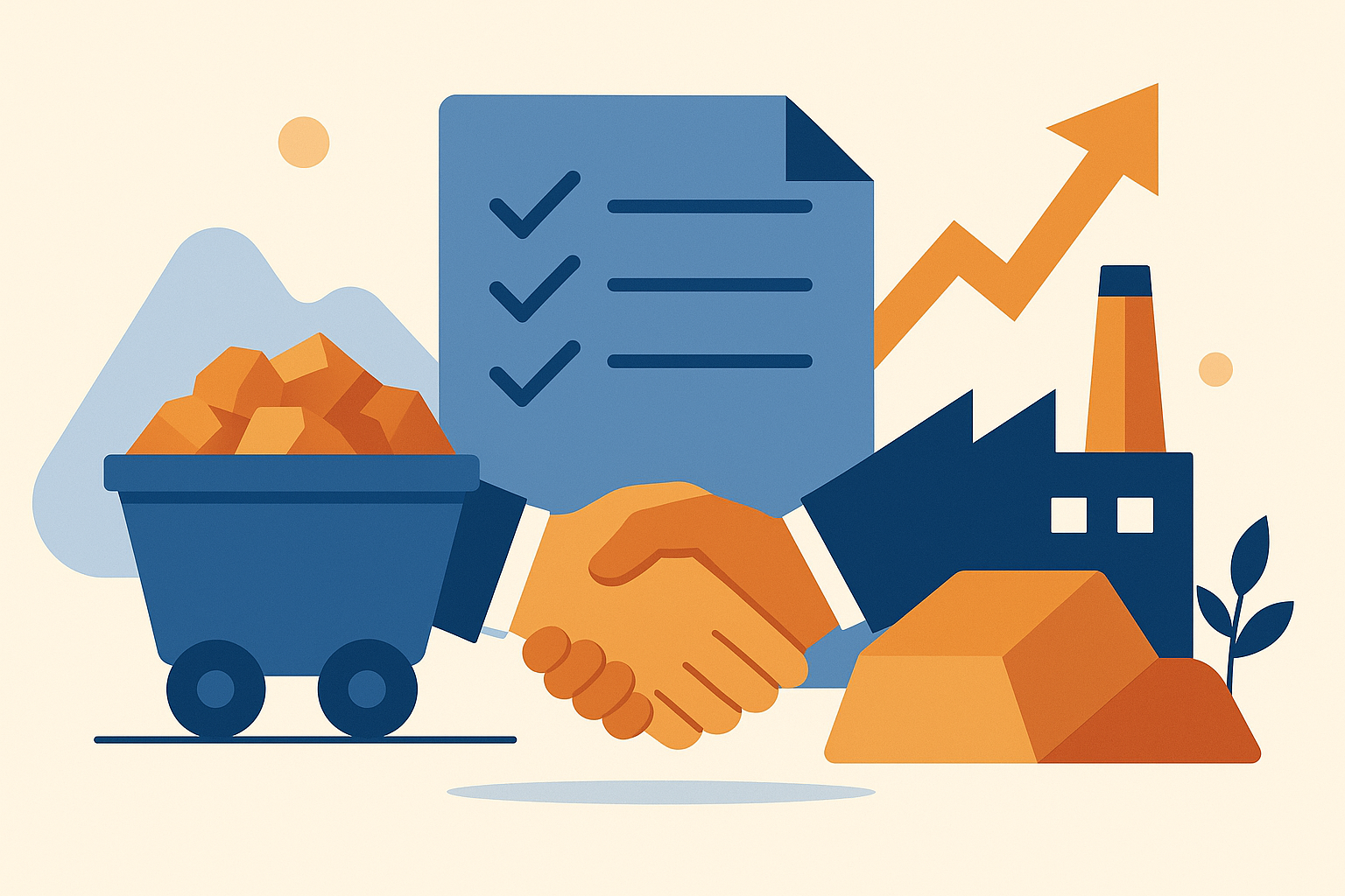 Flat-style illustration showing a handshake between two hands, a mining cart with copper ore, a checklist, factory, and upward arrow symbolizing growth.