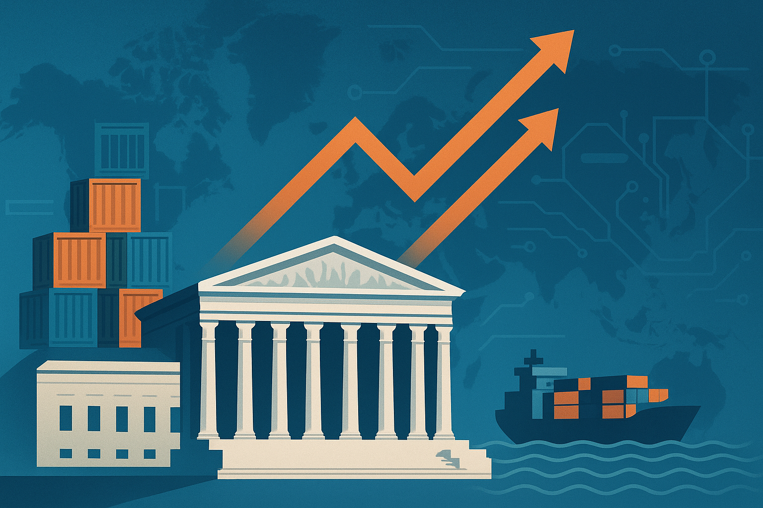 Stylized illustration of the U.S. Supreme Court building with shipping containers, a cargo ship, and rising stock market arrows set against a world map backdrop, symbolizing the impact of tariff rulings on global trade and markets.