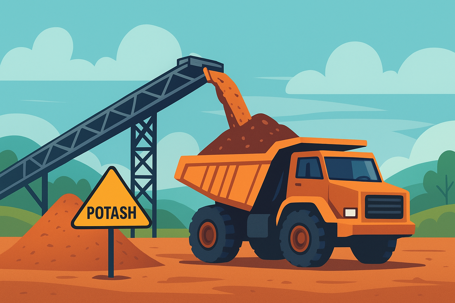 Illustration of a mining truck being loaded with potash from a conveyor system in a rural Utah landscape.