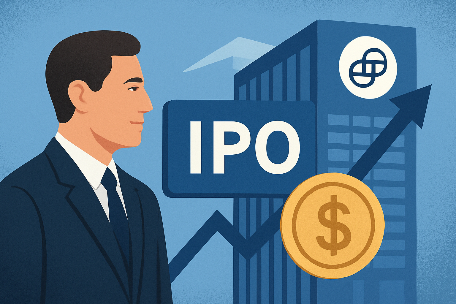 Illustration of a businessman with financial symbols, including IPO, a dollar coin, an upward arrow, and the Gemini logo on a building.