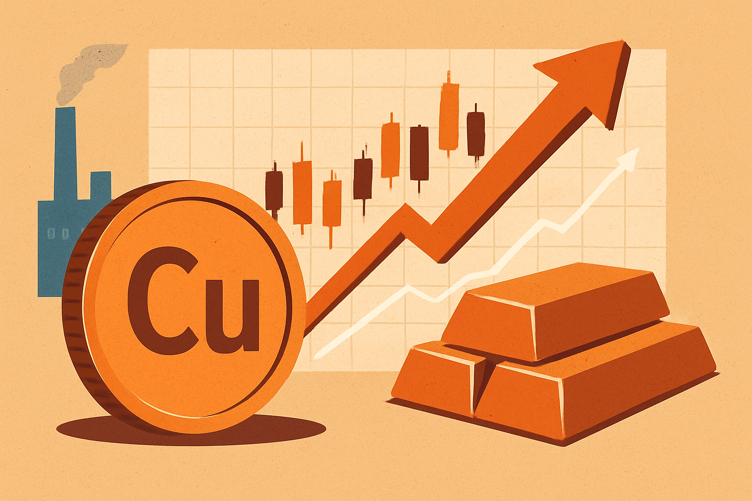 Illustration of copper coin, ingots, and rising financial chart symbolizing copper price rally.