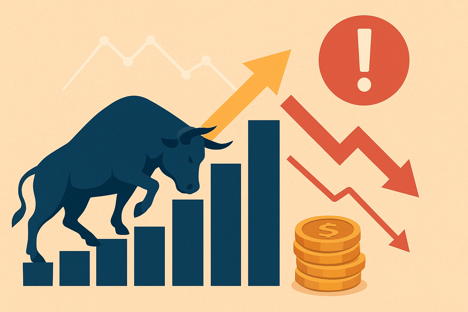 Illustration of a charging bull over rising bar charts with upward and downward arrows, symbolizing strong market optimism alongside potential correction risks.