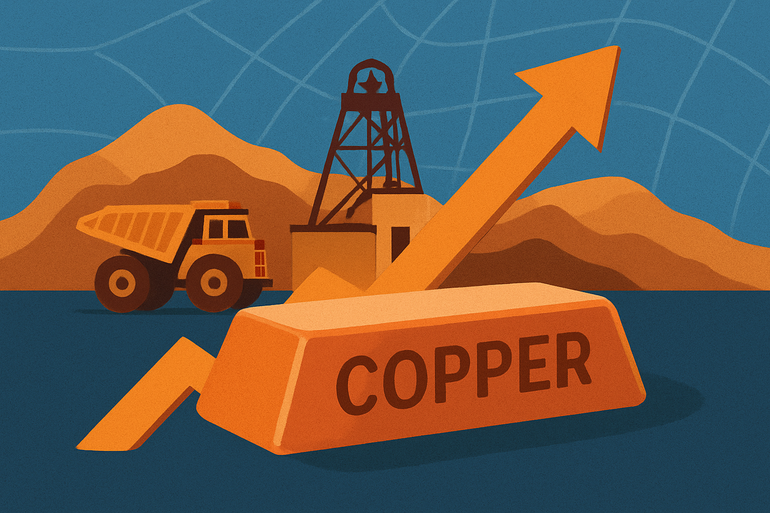 Illustration of copper mining with a rising arrow, copper bar, mining truck, and mountains in the background.