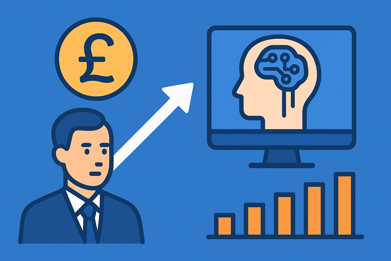 Illustration showing a businessman beside a pound symbol, an upward arrow pointing toward a computer screen with a digital brain inside a human head, and a rising bar chart, symbolizing stablecoin regulation and financial innovation.
