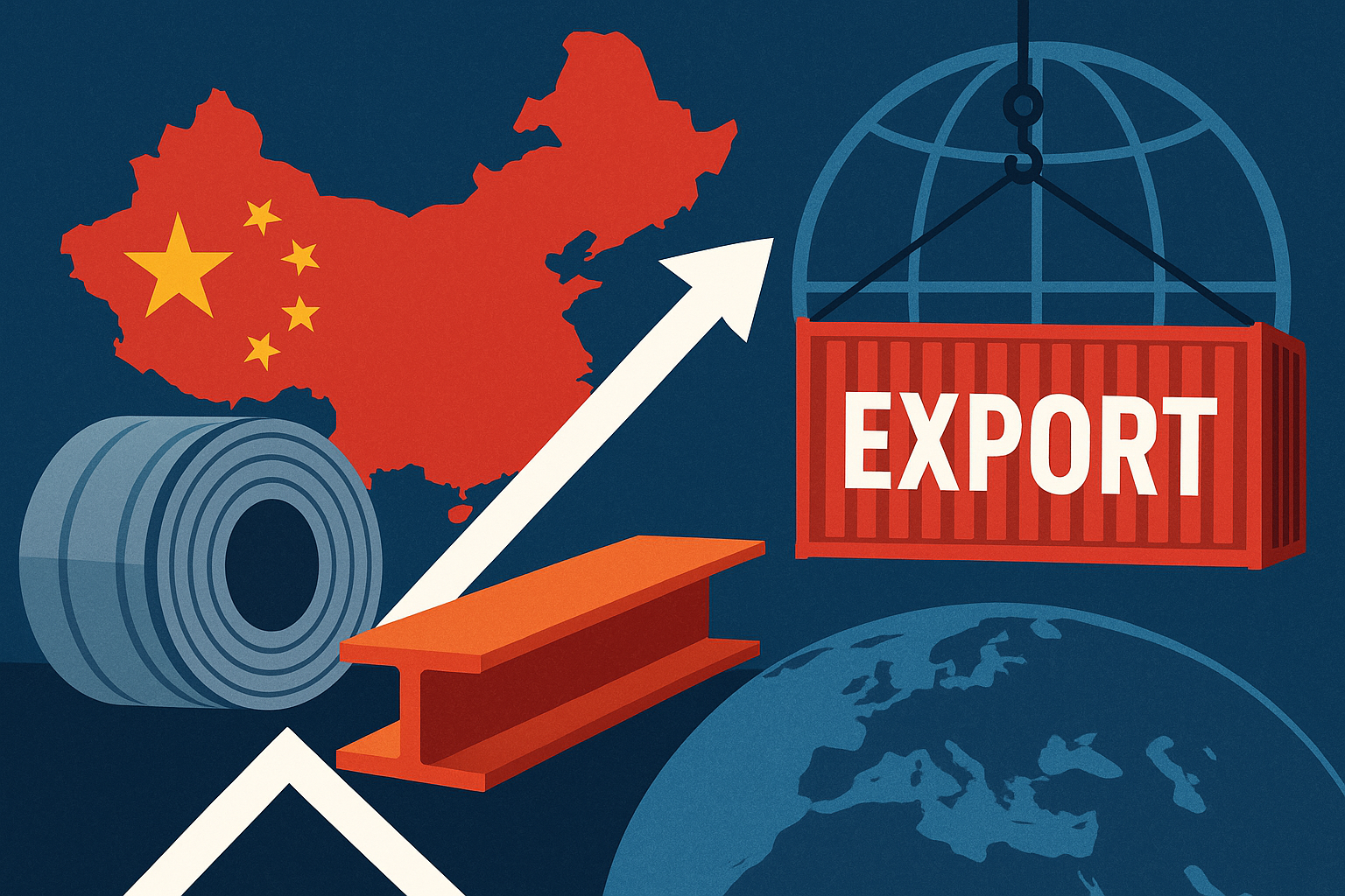 Illustration of China’s steel exports showing steel coils, I-beams, a map of China, and a shipping container marked “EXPORT” being lifted by a crane.
