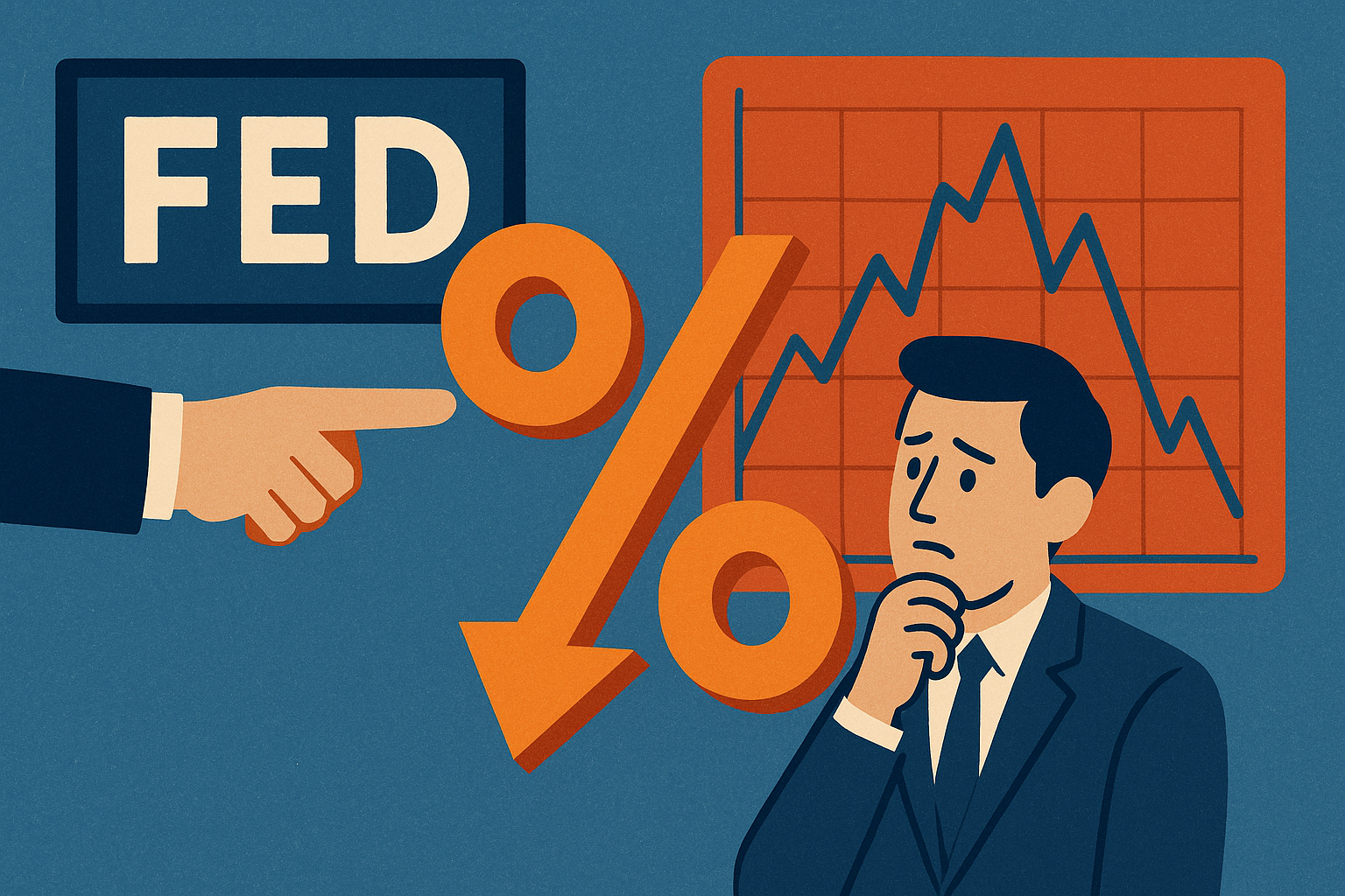 Illustration of a worried investor looking at a stock chart with a downward percentage symbol, a "FED" sign, and a pointing hand, symbolizing Federal Reserve interest rate cuts.