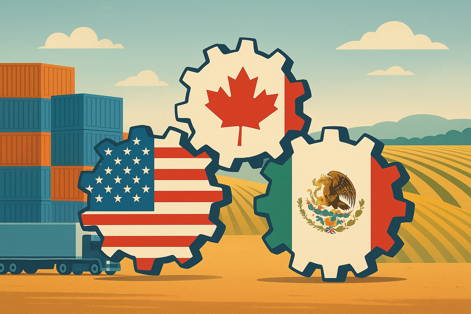 Three interlocking gears decorated with the U.S., Canada, and Mexico flags, set against a backdrop of shipping containers, a semi-truck, and farmland, symbolizing the USMCA trade review.