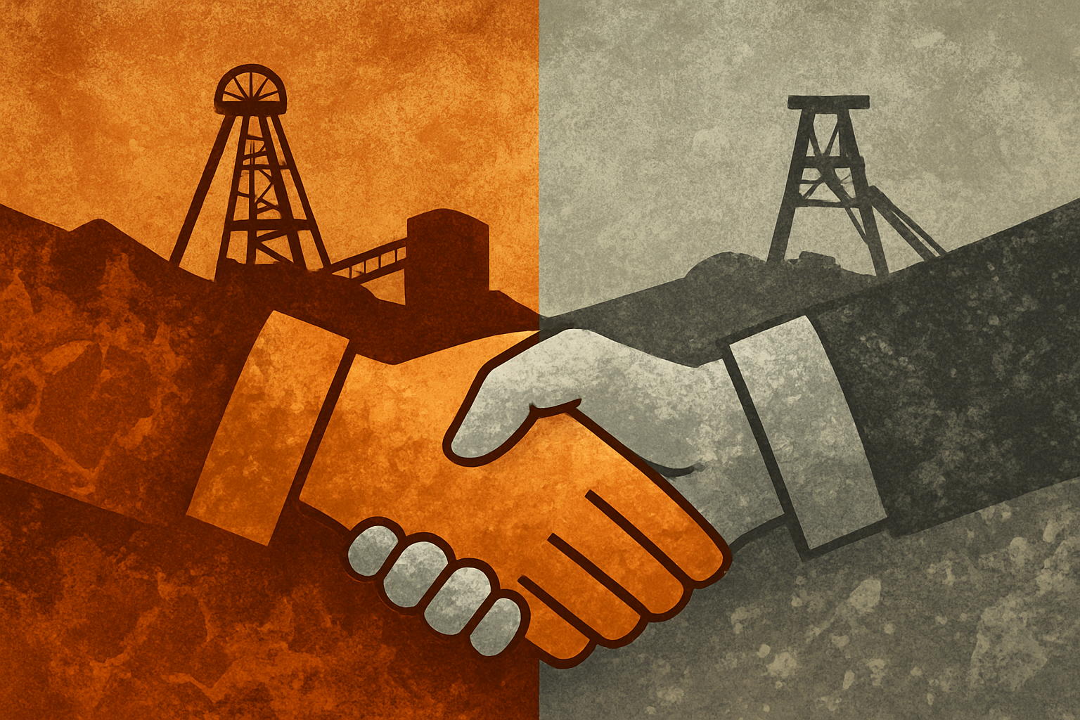 Abstract illustration showing copper and zinc mineral textures blending with industrial mining silhouettes and a handshake symbolizing partnership.