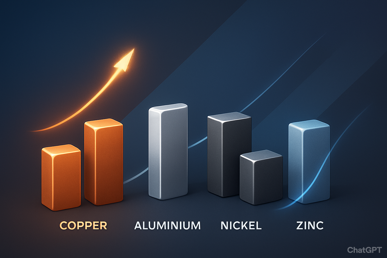 Abstract representation of copper, aluminium, nickel, and zinc with symbolic metallic bars and glowing lines showing shifting market dynamics.