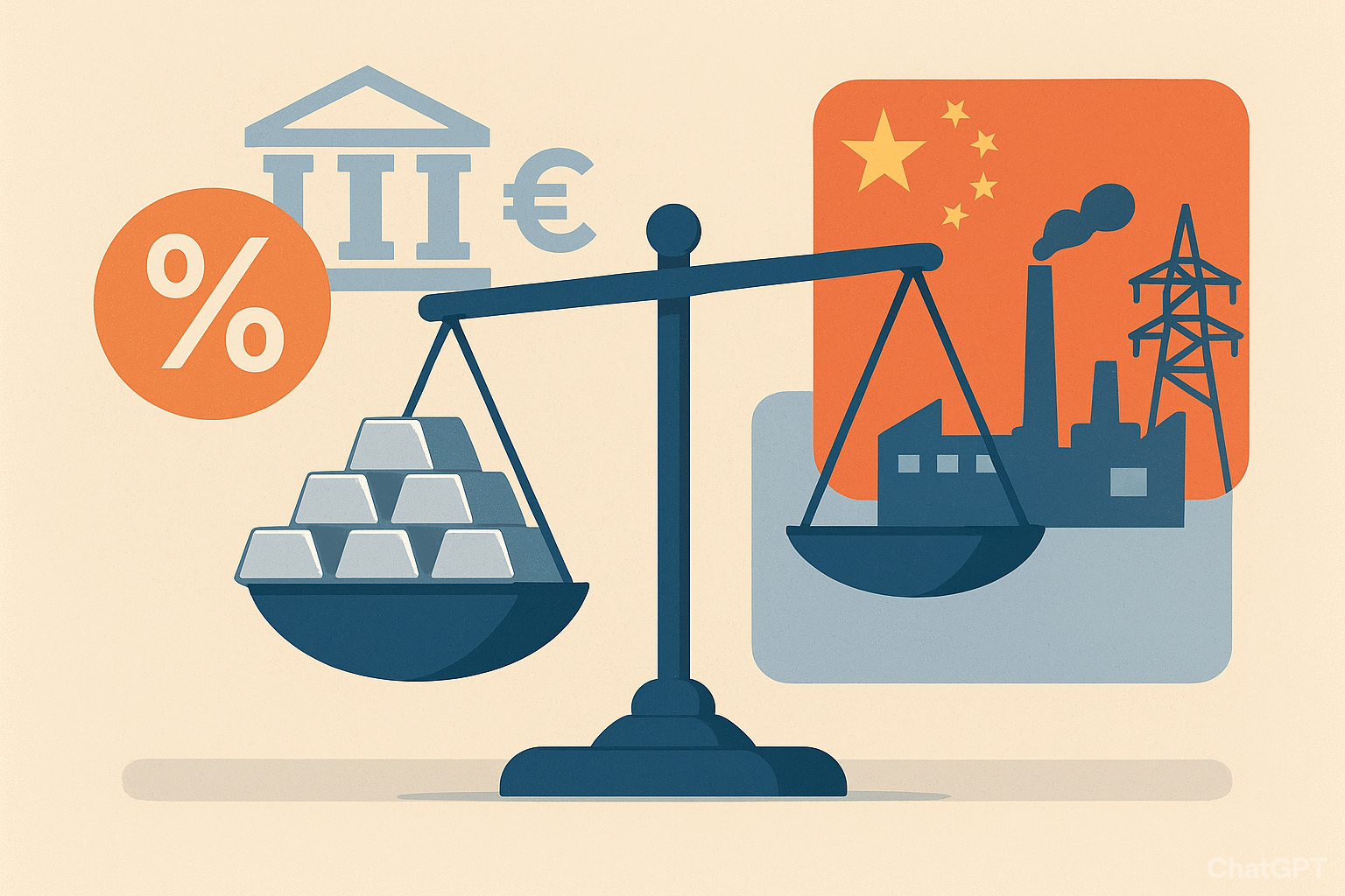 Abstract illustration showing aluminium ingots transitioning from surplus to scarcity, symbolized by a balance scale tilting toward deficit, with central bank symbols and Chinese industrial imagery in the background.