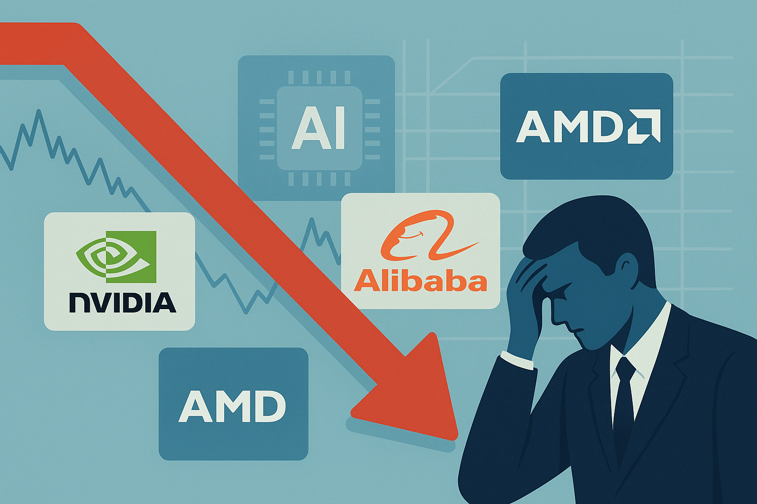 Illustration showing stock market decline with logos of Nvidia, AMD, and Alibaba, a red downward arrow, and a worried businessman silhouette against a financial chart backdrop.
