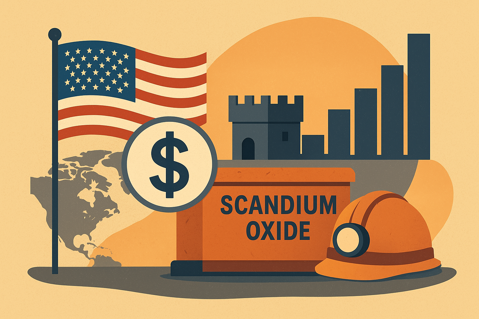 Illustration of U.S. flag, fortified stockpile, dollar sign, and scandium oxide container with a miner’s helmet, symbolizing America’s push to secure critical mineral supply.