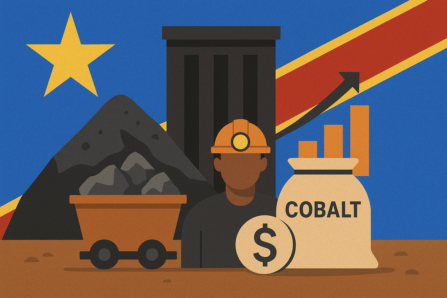 Symbolic illustration of a miner, cobalt ore cart, money symbol, and bar chart against the Democratic Republic of Congo flag, representing cobalt exports and market shifts.